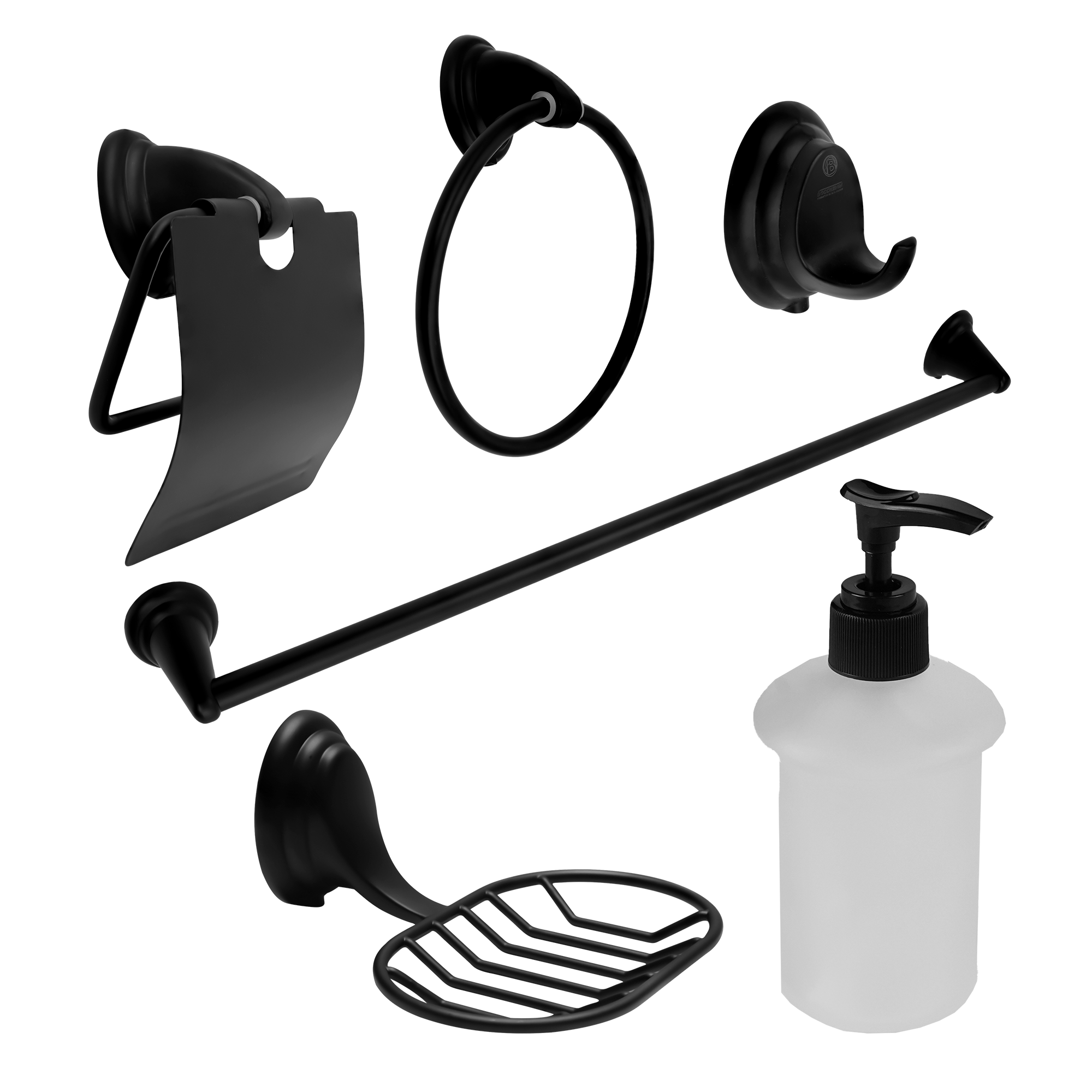 REF YW148-07-D JUEGO DE ACCESORIOS PARA BAÑO NEGRO CON DISPENSADOR DE JABON MARCA BOCCHERINI